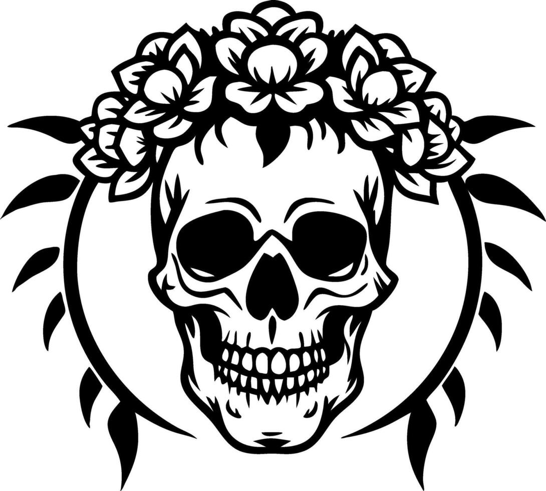 Skull with Floral Crown and Leaves Gothic Design for Tattoos and Graphic Art vector