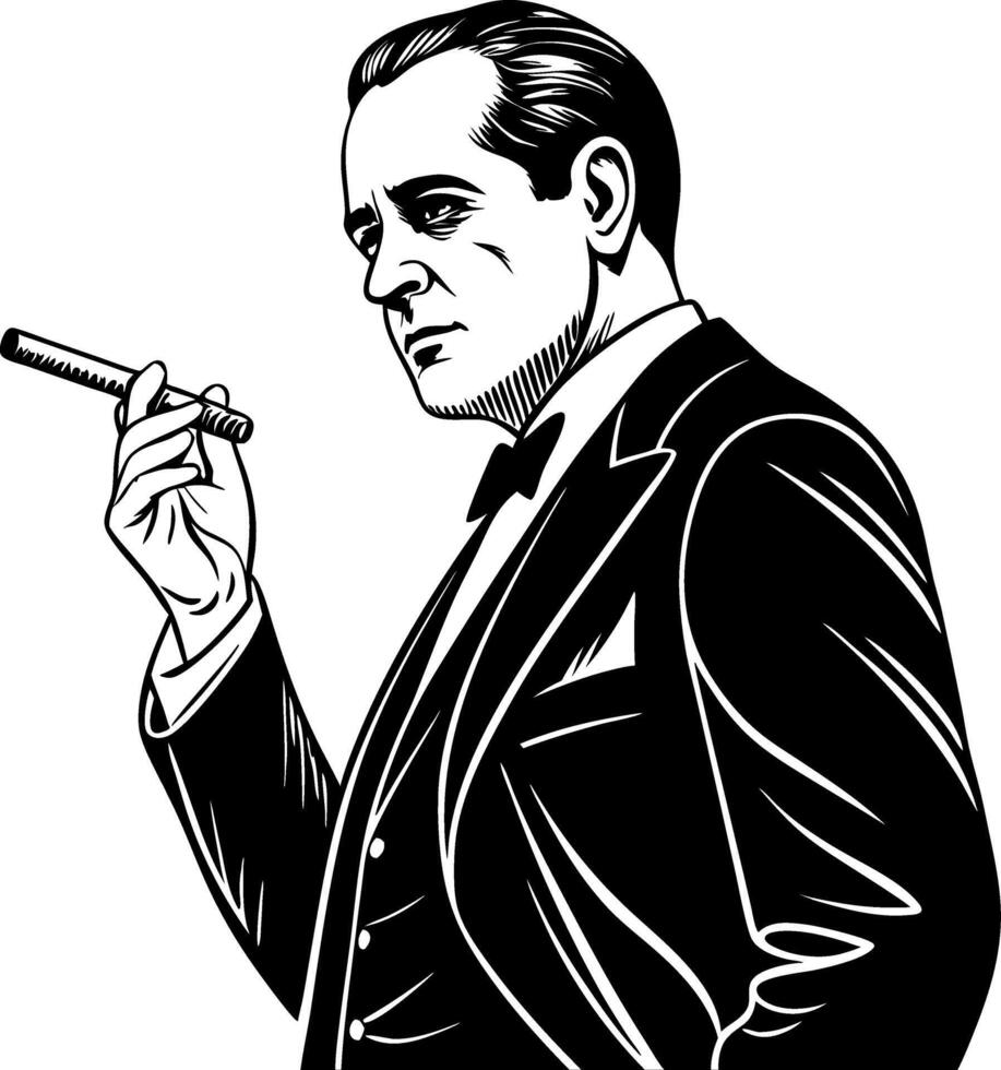 Elegant Man in Tuxedo Holding Cigar Vintage Style Illustration for Tattoos and Designs vector