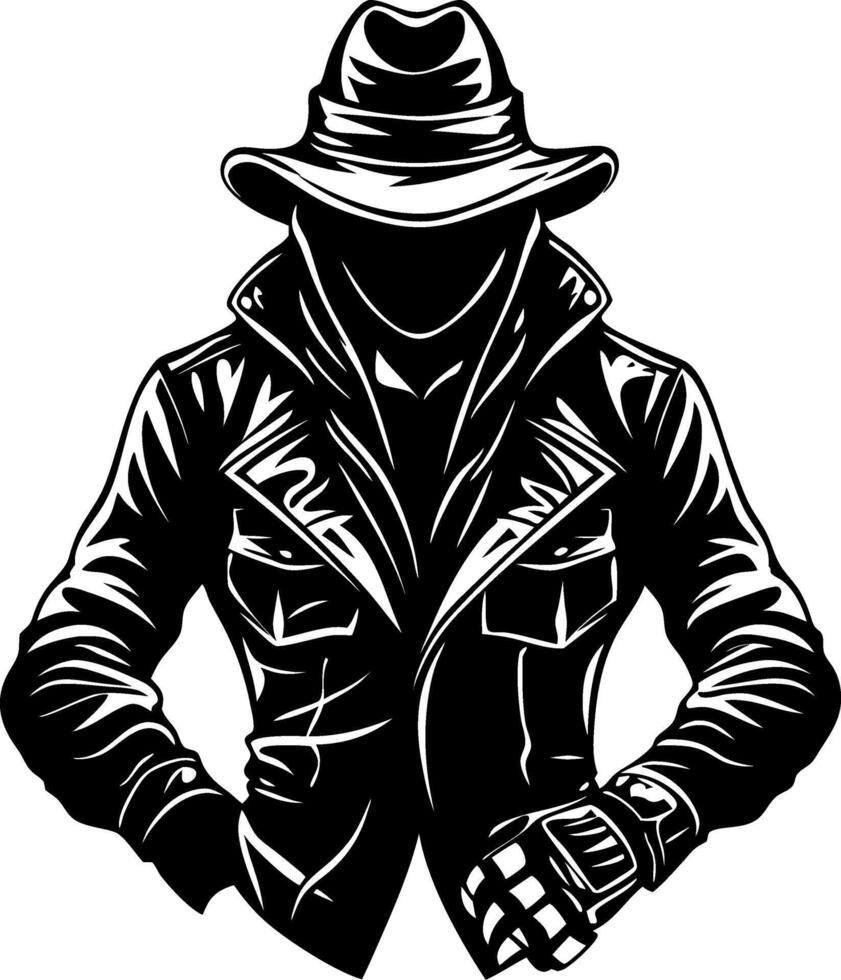 Mysterious Figure in Leather Jacket and Hat for Edgy Tattoo and Graphic Design Inspiration vector