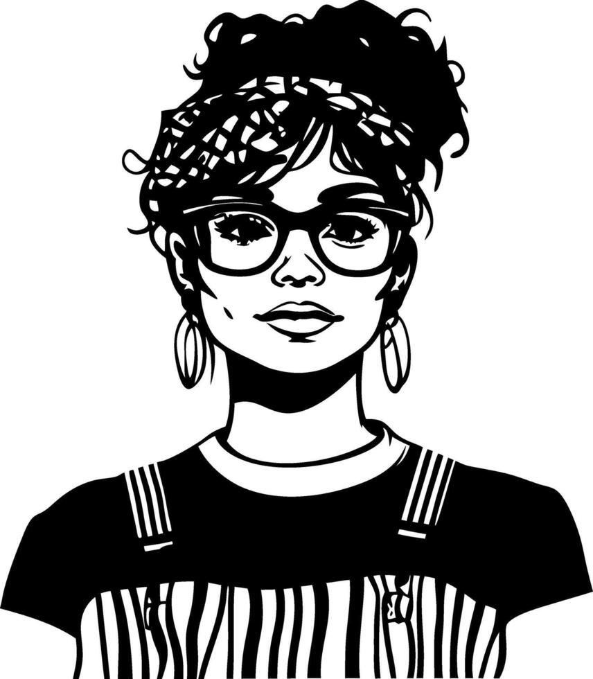 Stylish Woman Portrait with Glasses and Curly Hair for Character Design and Coloring Pages vector