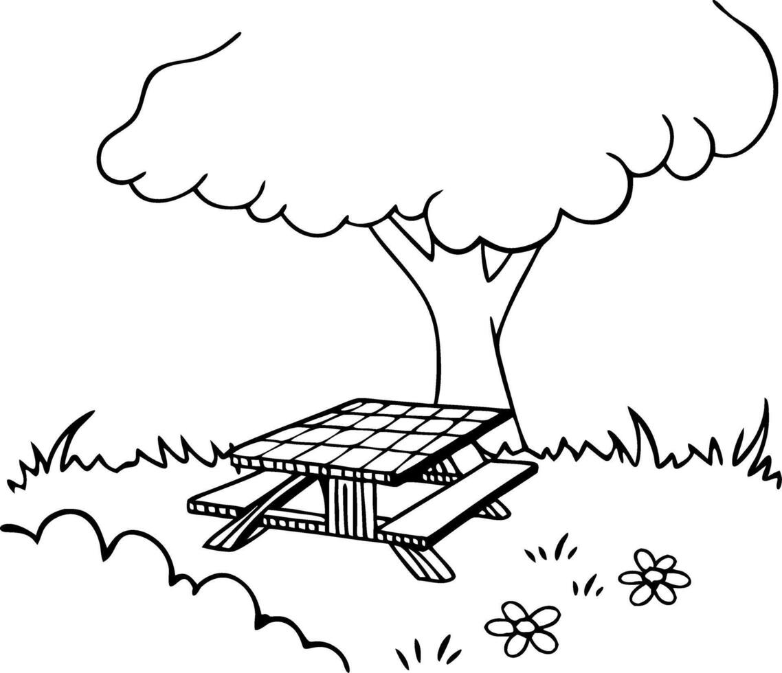 Charming Picnic Table Under Lush Tree in Grassy Meadow with Pretty Flowers vector
