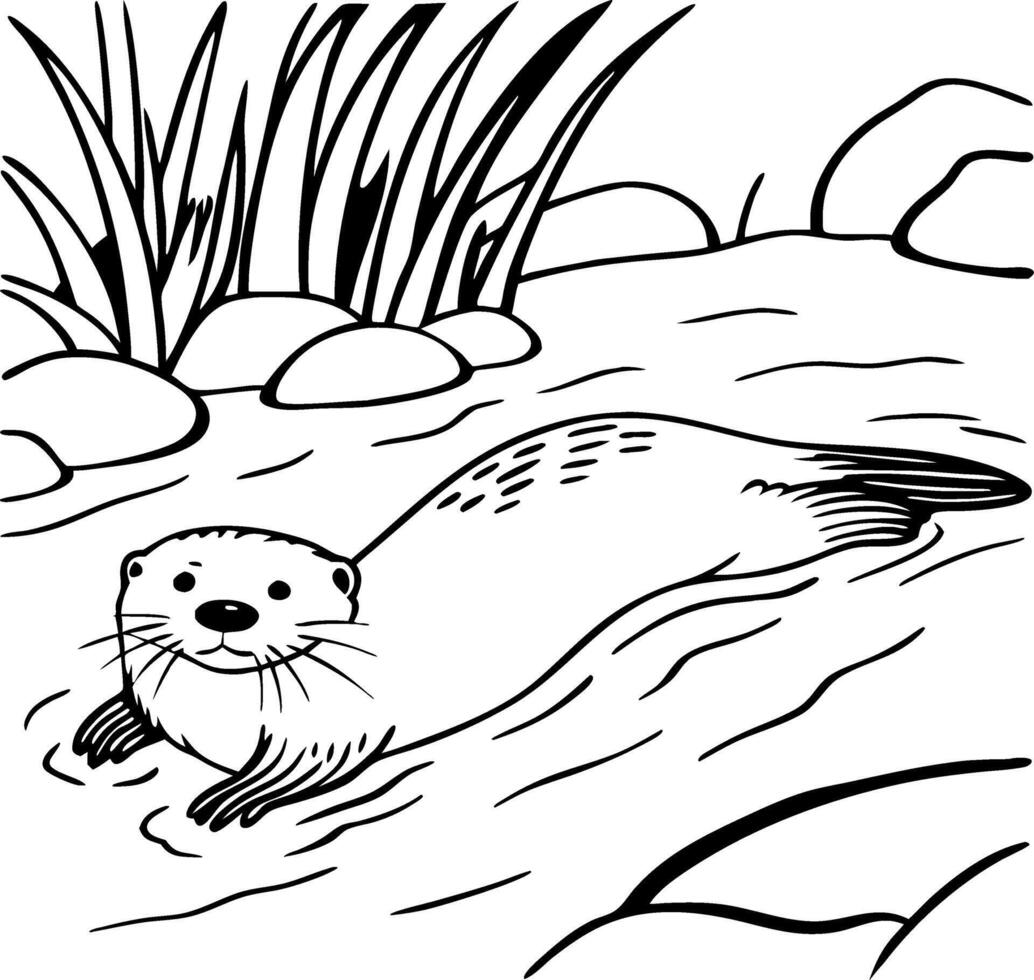 Charming Otter Swimming in a Stream Surrounded by Grassy Reeds and Smooth Rocks vector