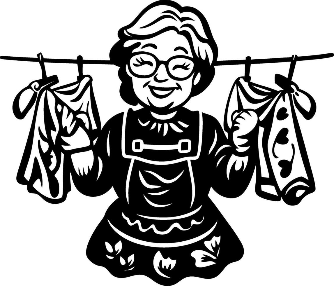 Cheerful Grandmother Hanging Clothes on a Line for Home Decor and Vintage Design Projects vector