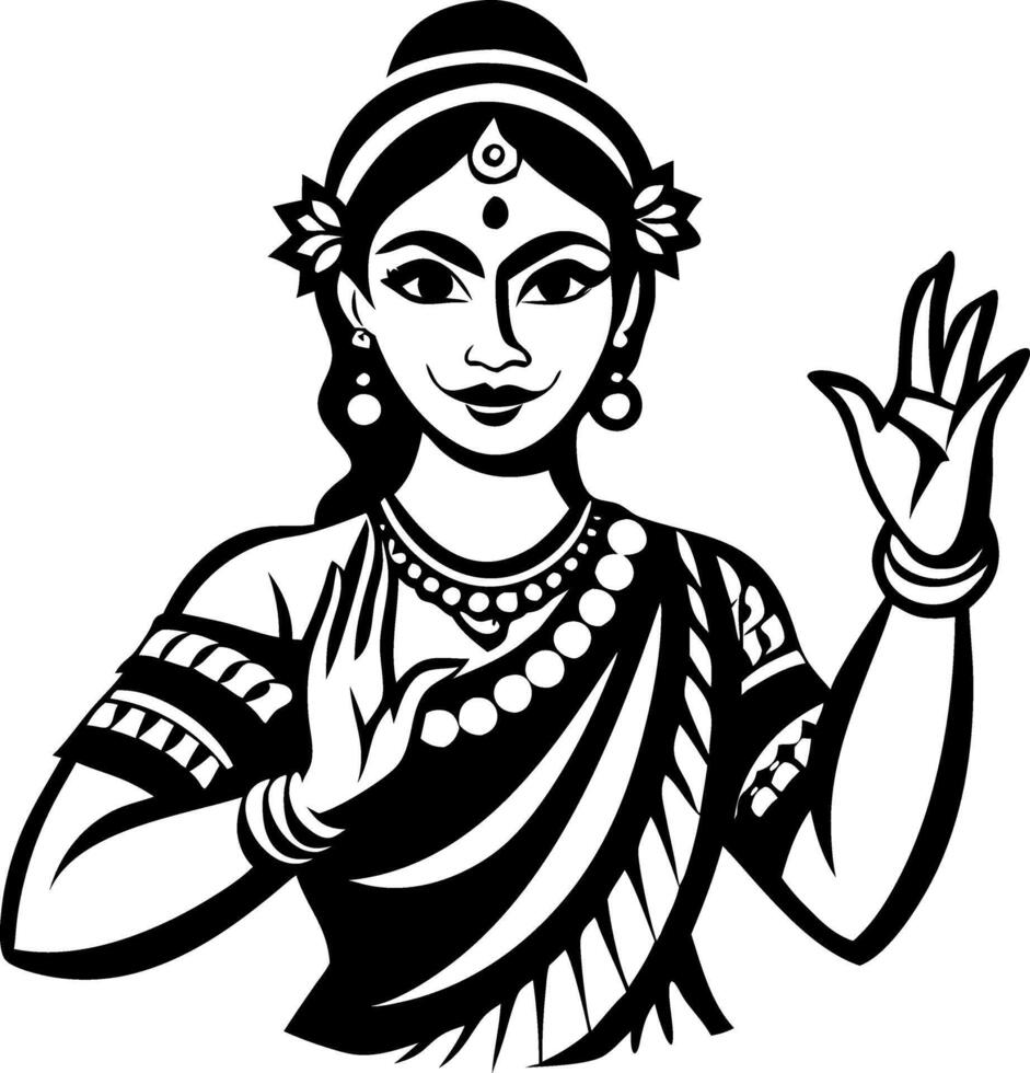 Elegant Indian Dancer Illustration in Traditional Attire Perfect for Tattoo Design and Coloring Books vector