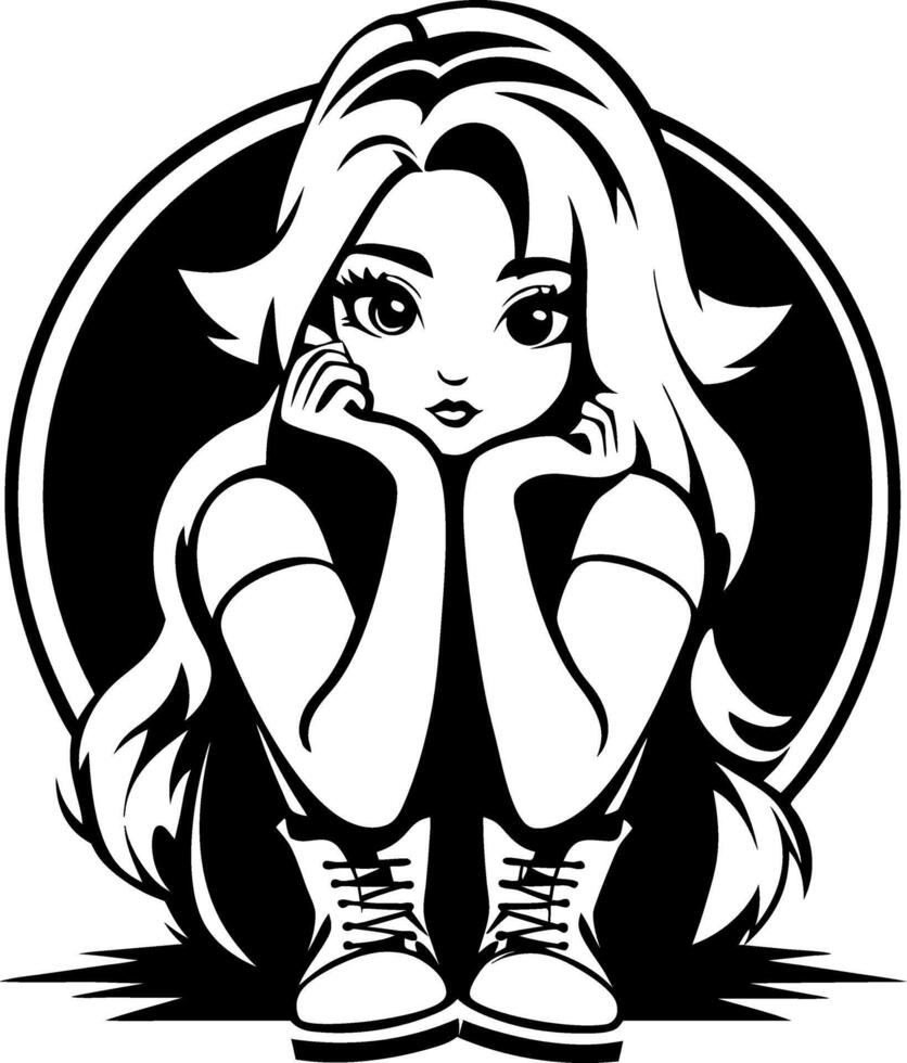 Youthful Girl Sitting Thoughtfully in Casual Attire with Long Hair and Sneakers vector