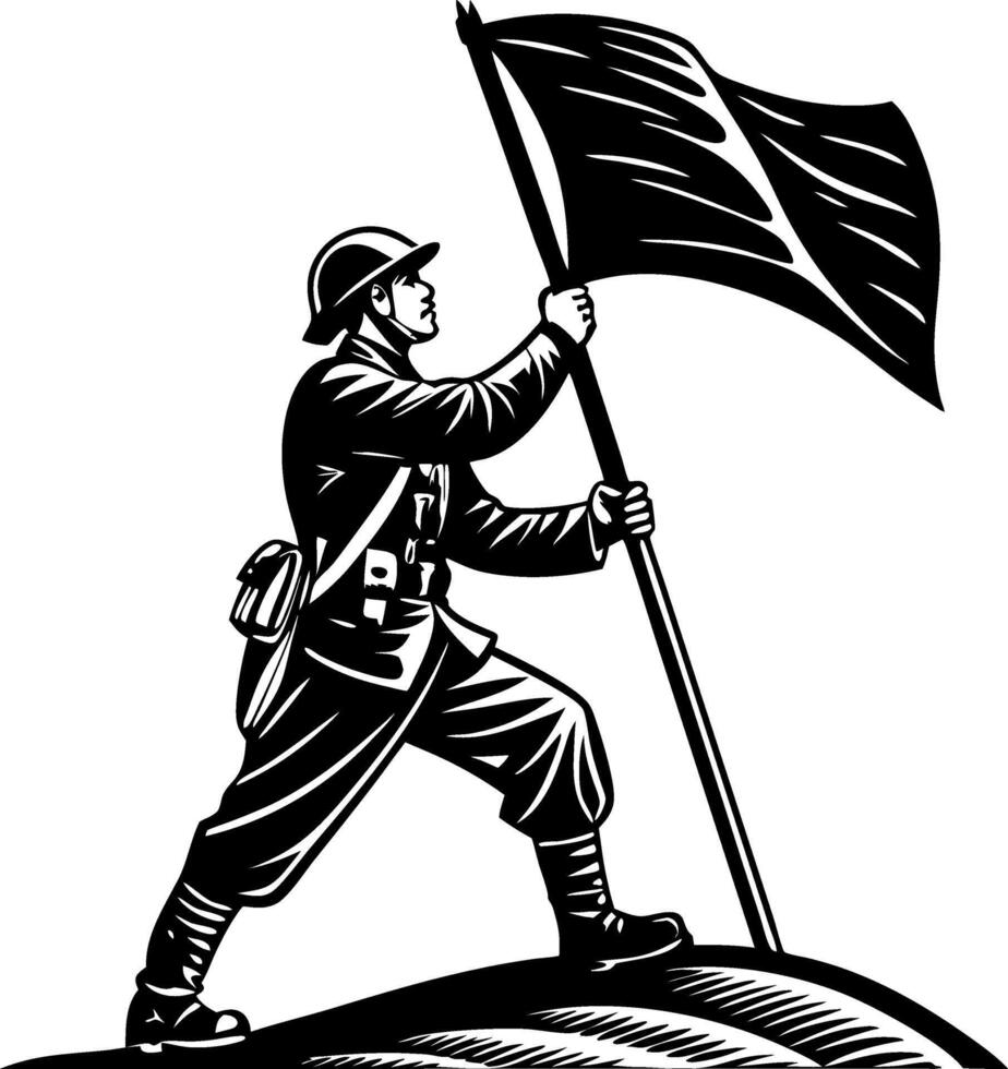 Brave Soldier Raising Black Flag Symbolizing Resistance and Valor in Battle vector