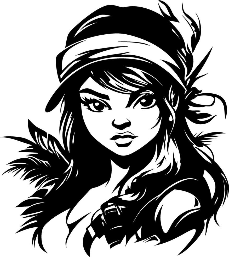 Fierce Warrior Woman with Bandana and Feathers Art for Tattoo Designs and Apparel vector