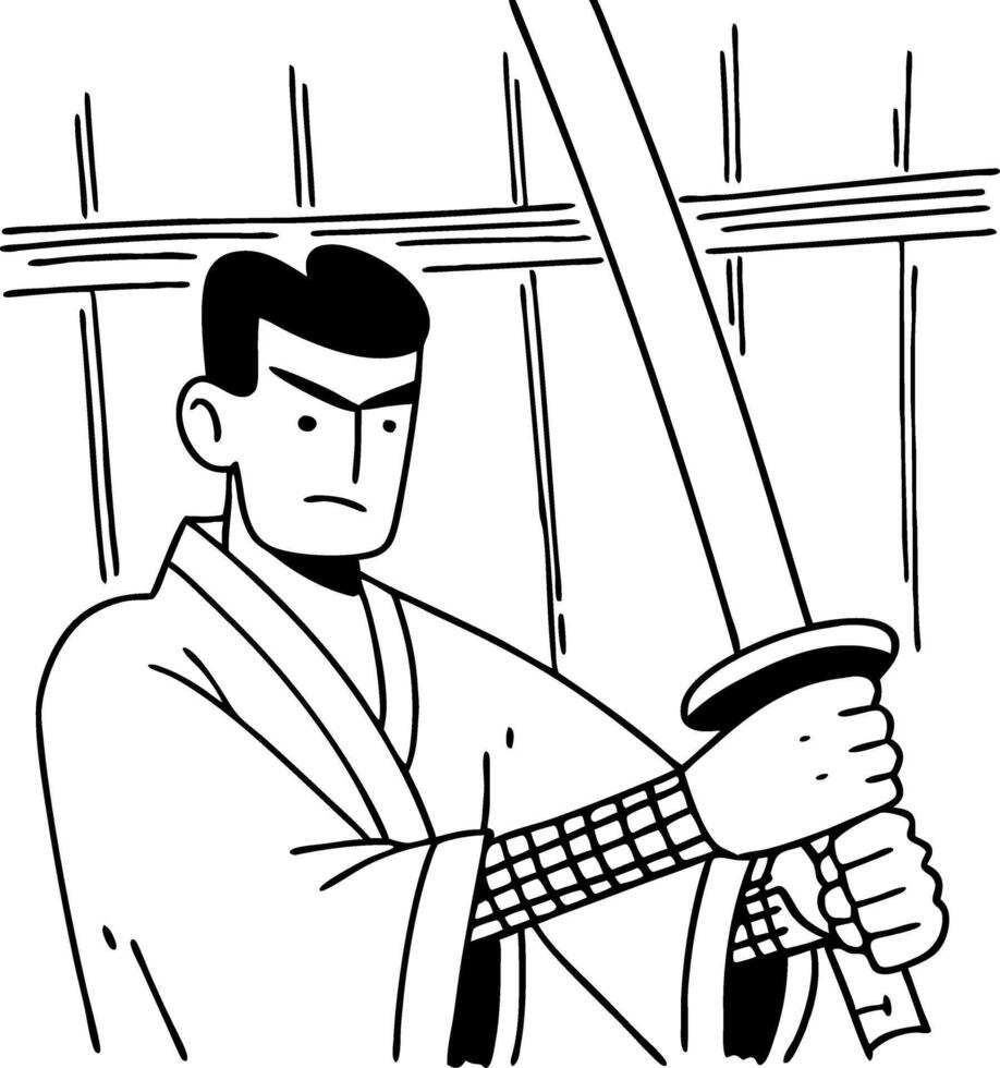 Samurai Warrior Holding Katana with Intense Expression in Traditional Attire vector