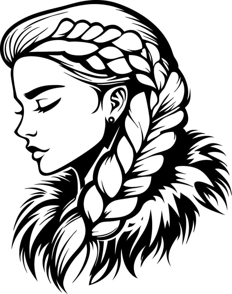 Elegant Braided Hair Portrait with Fur Accents Perfect for Tattoo Design and Coloring Books vector