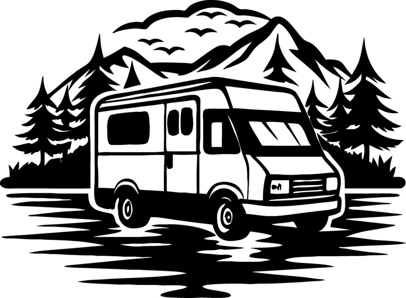Vintage Camper Van Illustration with Mountains and Pine Trees Perfect for Adventure Designs vector