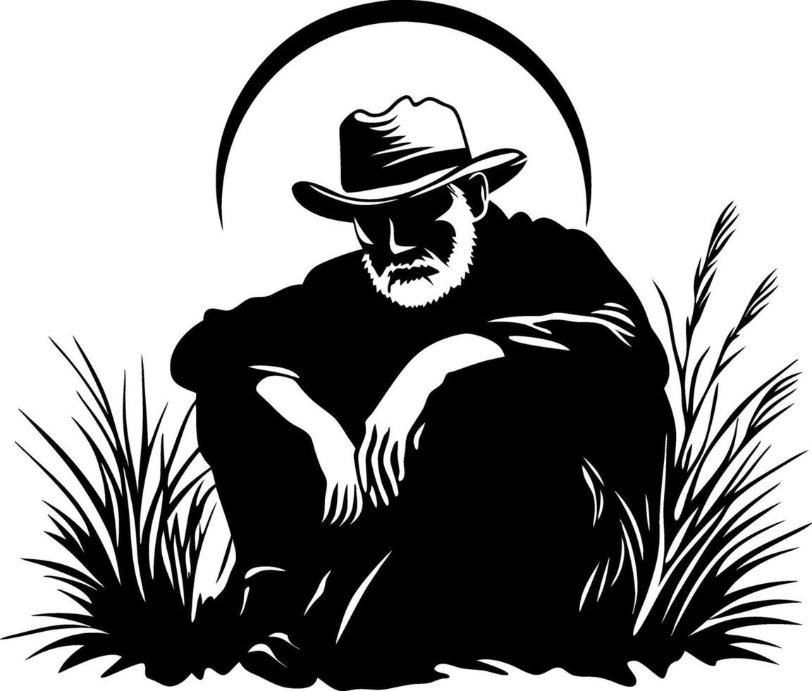 Contemplative Man in Cowboy Hat Surrounded by Grasses Under Moonlight Illustration vector