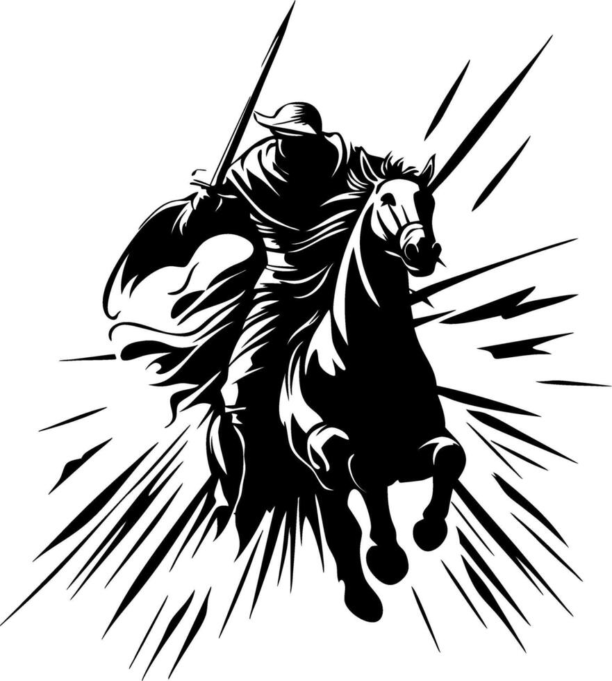 Dynamic Horse Rider Medieval Knight Charging with Sword for Fantasy Artwork and Tattoo Design vector