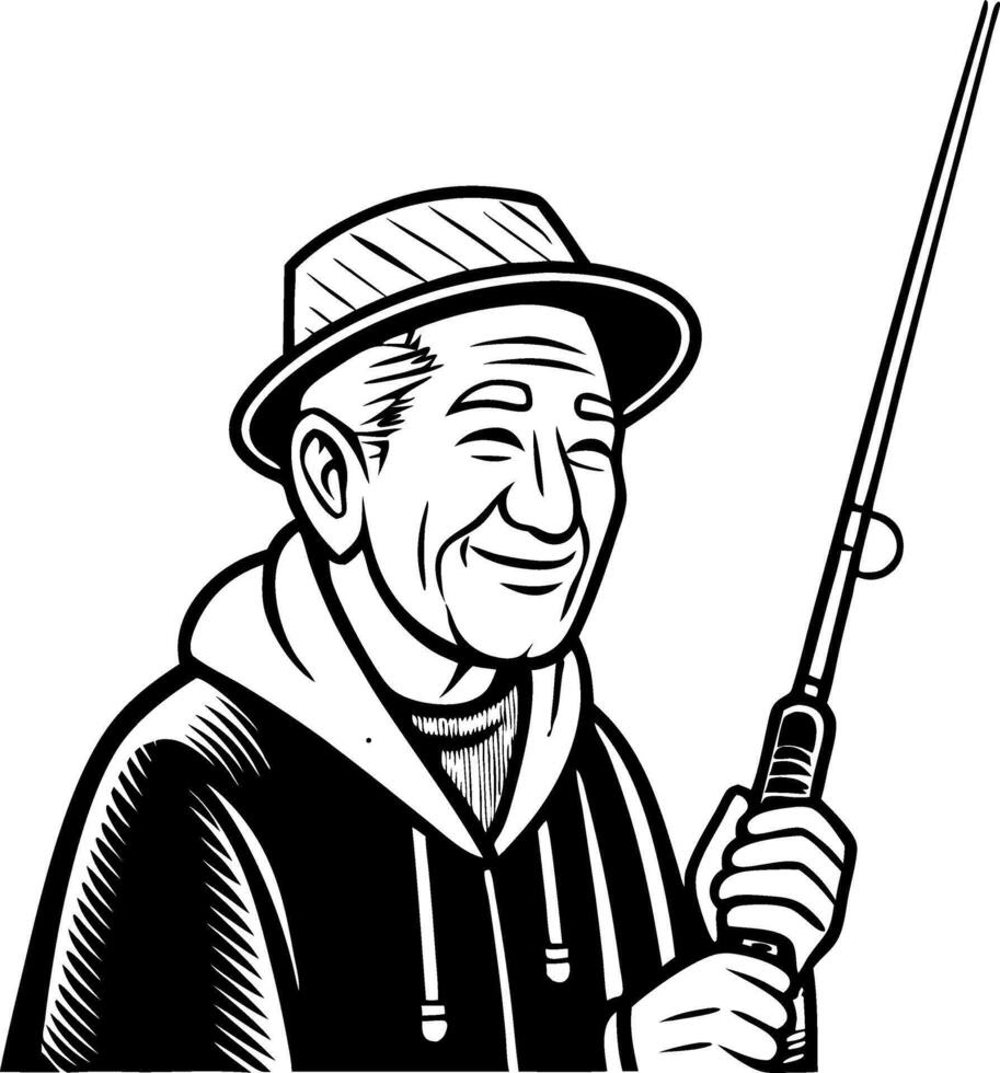 Happy Elderly Man Fishing with Rod in Vintage Style Illustration for DIY Projects vector