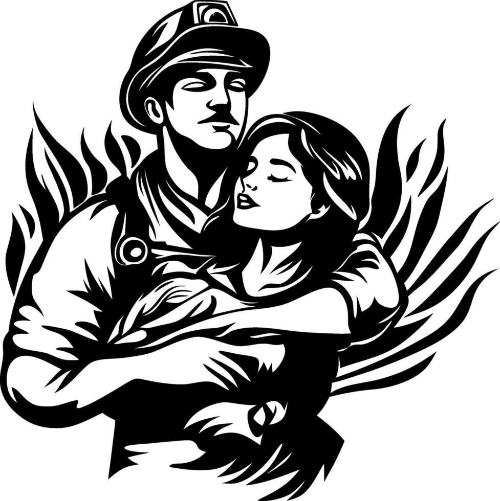Heroic Embrace of a Rescuer and Loved One in Strong Silhouette Illustration for Tattoo Design vector