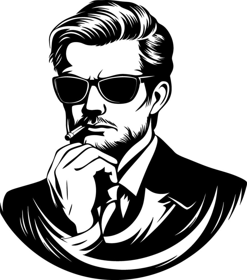 Stylish Man in Sunglasses Smoking Thoughtfully Elegant Portrait for Tattoo or Art vector