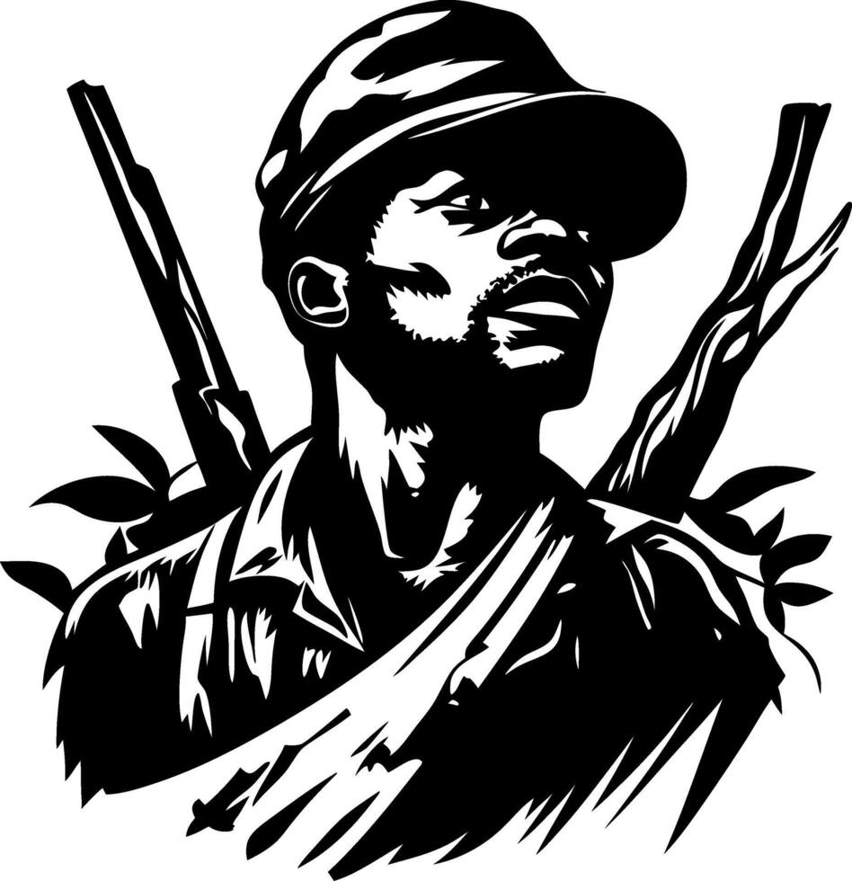 Bold Warrior Silhouette with Guns and Leaves for Tattoo Designs and Graphic Artwork vector
