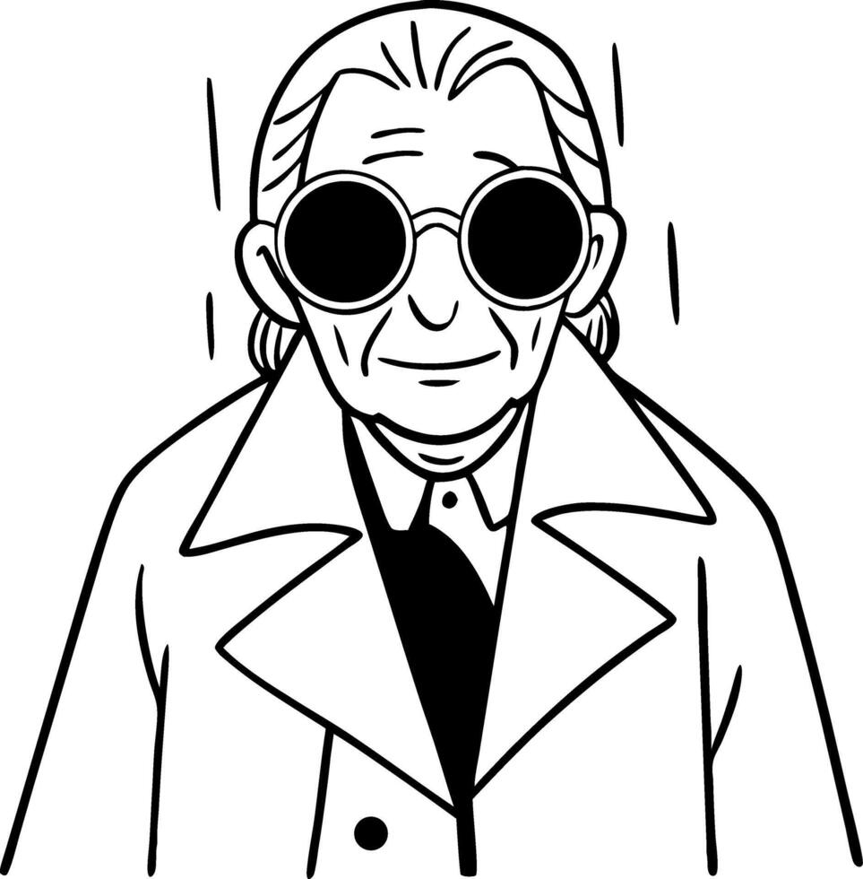 Stylish Elderly Figure in Sunglasses Wearing a Trench Coat Ideal for Tattoo and Coloring Book Design vector