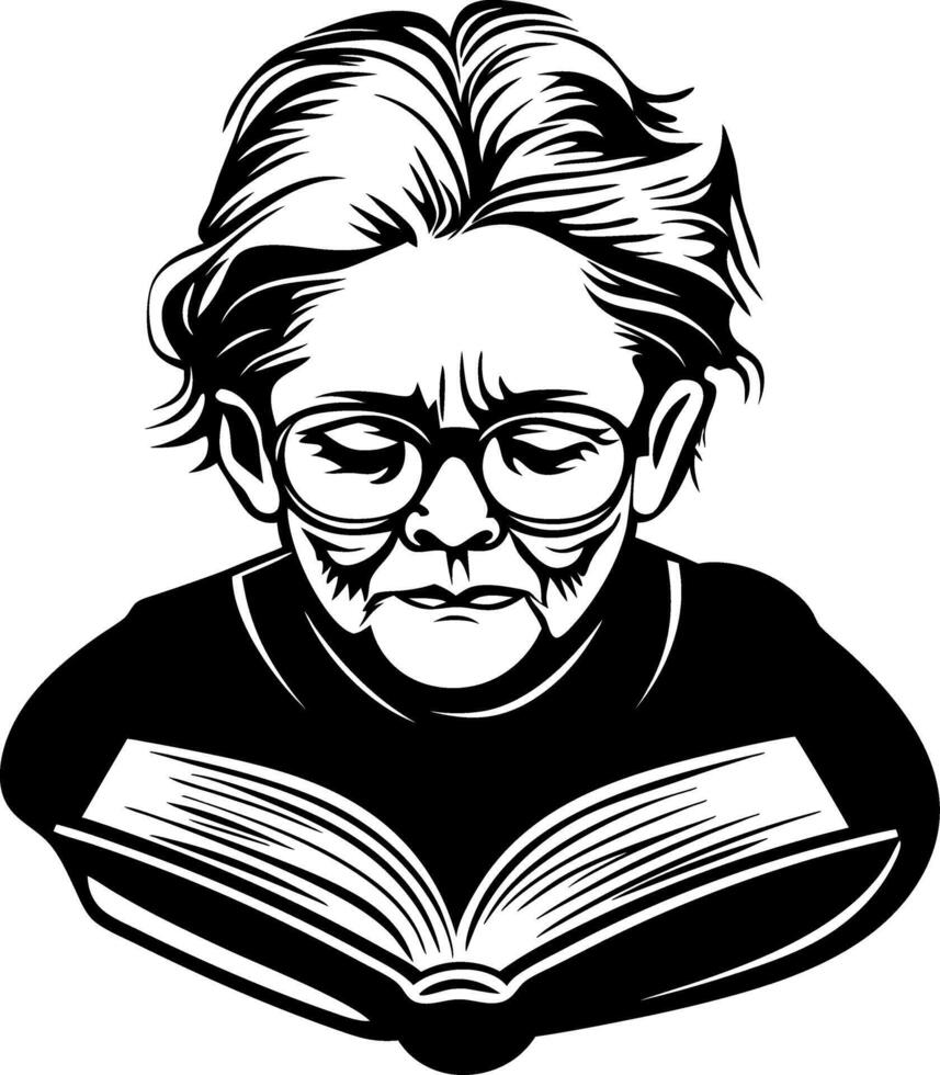 Angry Elderly Woman Reading Book Illustration for Graphic Design and Tattoo Art vector