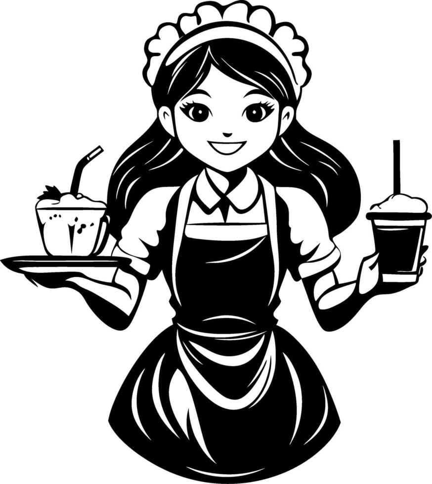 Cheerful Maid Serves Delicious Desserts with Milkshake and Sundae on a Plate vector