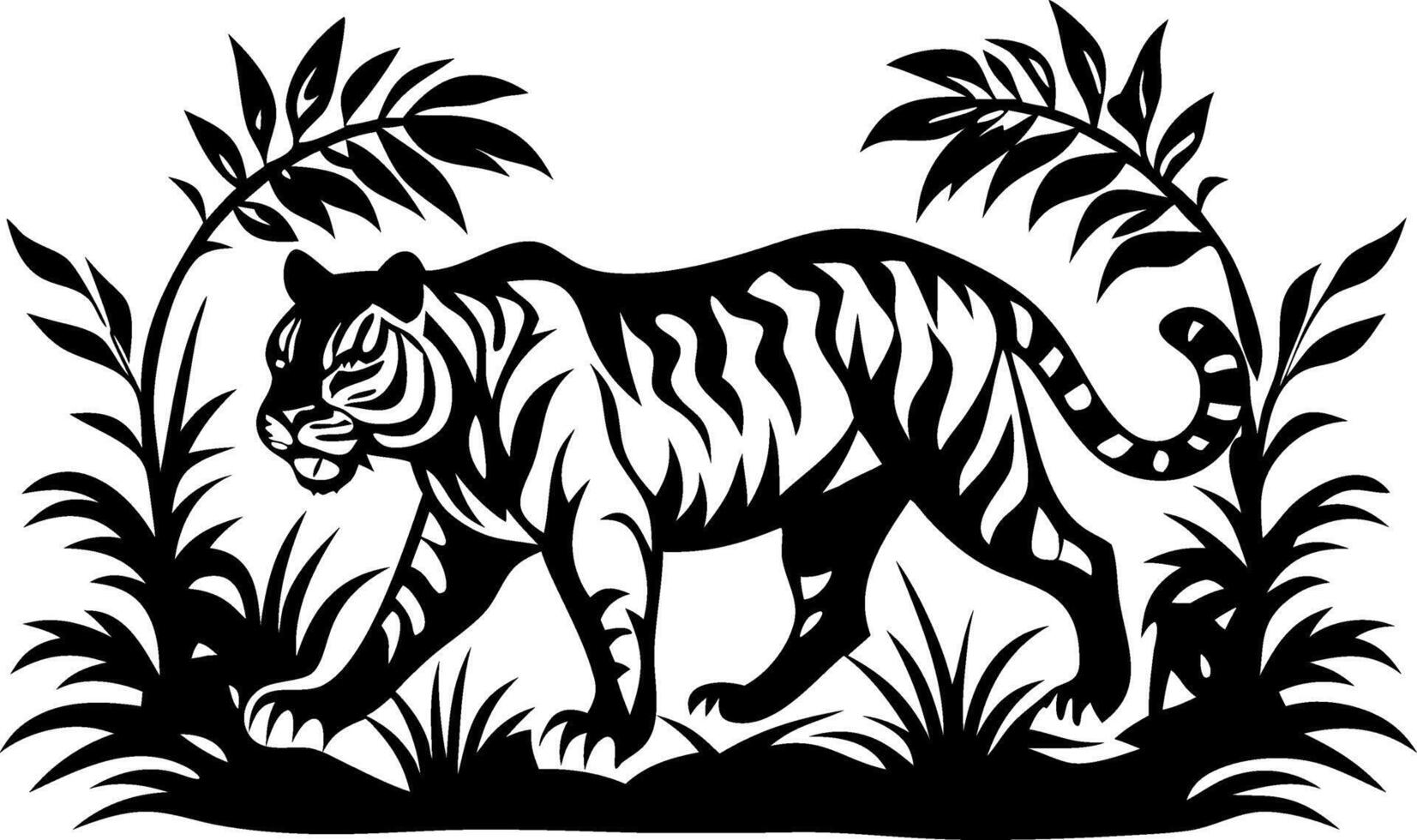 Majestic Tiger Walking Through Lush Jungle Leaves Intricate Design for Tattoos and Art vector
