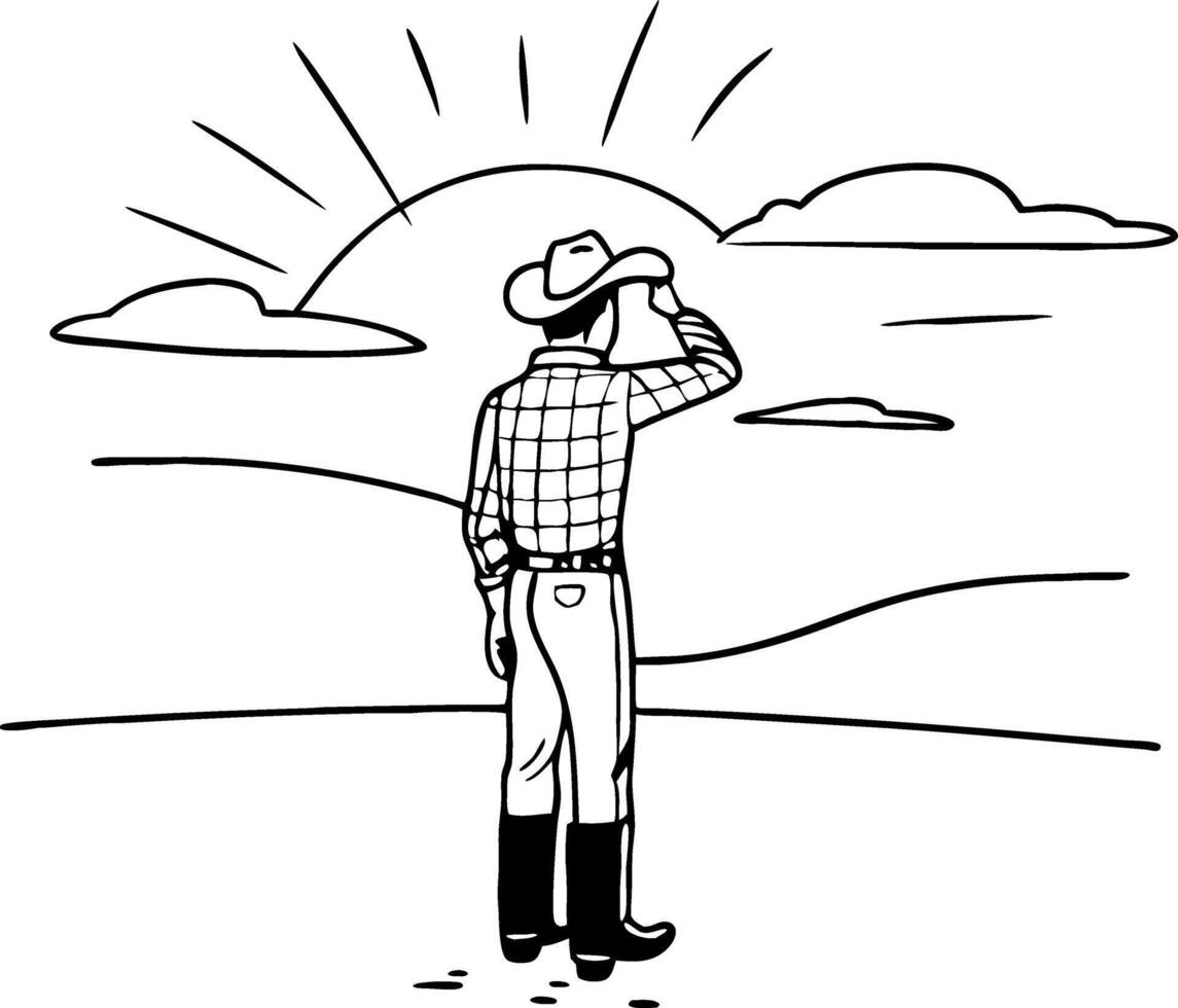 Cowboy Silhouette Against Sunset Landscape Art for Tattoo Design and Coloring Book vector