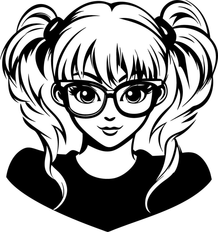 Cute Anime Girl with Glasses and Ponytails for Coloring and Tattoo Designs vector