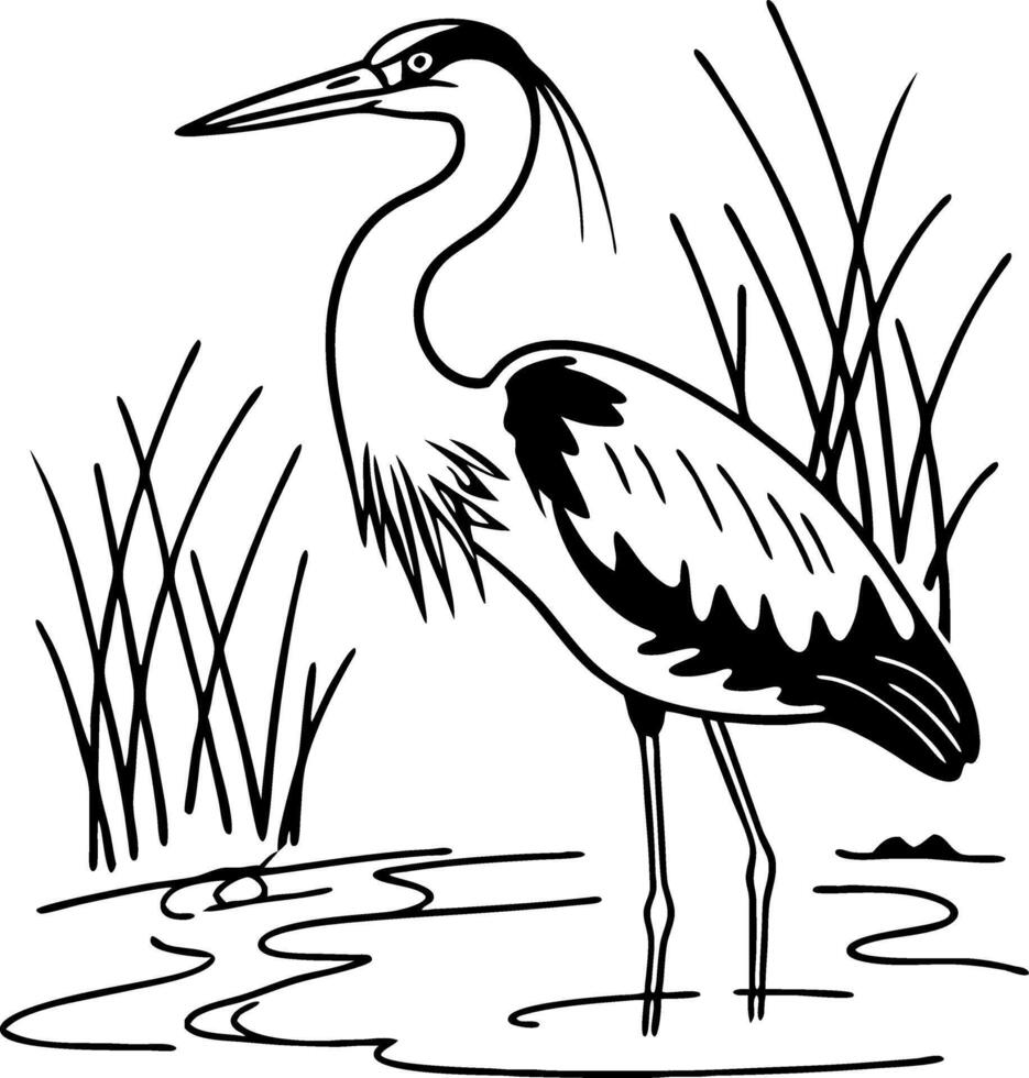 Elegant Heron Standing in Water Surrounded by Grasses Perfect for Tattoo and Coloring Designs vector