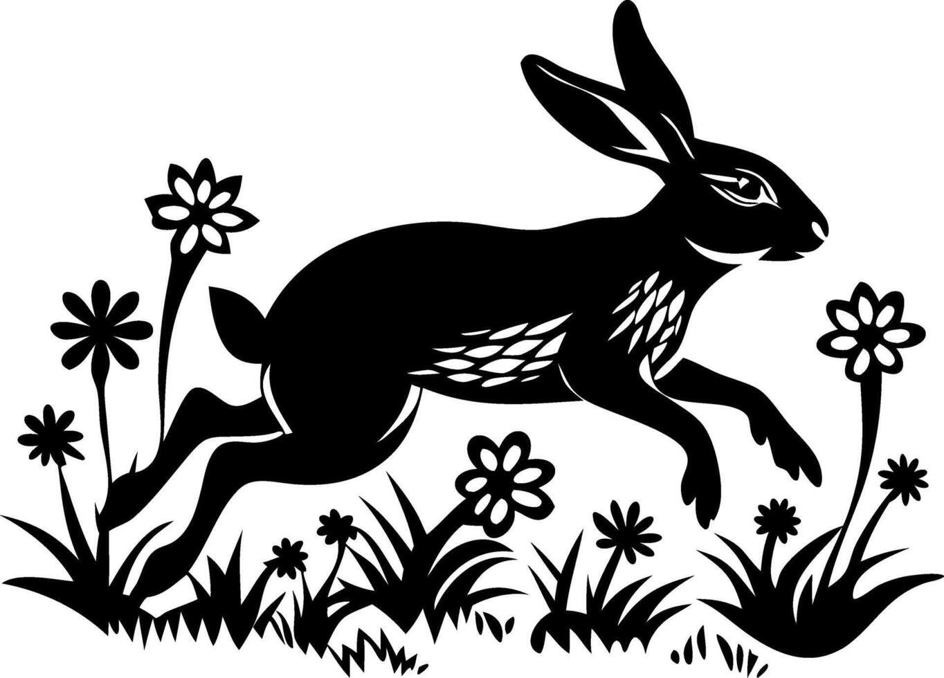 Leaping Rabbit Silhouette Among Wildflowers Perfect for Nature Inspired Decor vector