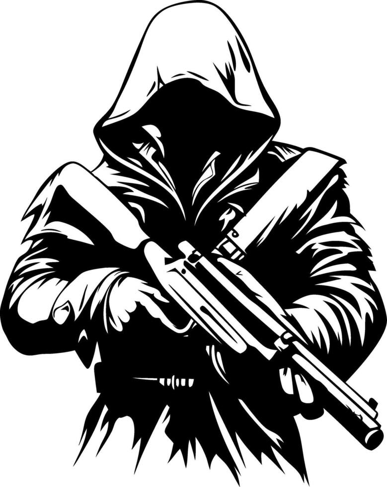 Mysterious Hooded Figure Holding Weapon in Dark Attire Perfect for Graphic Design Projects vector