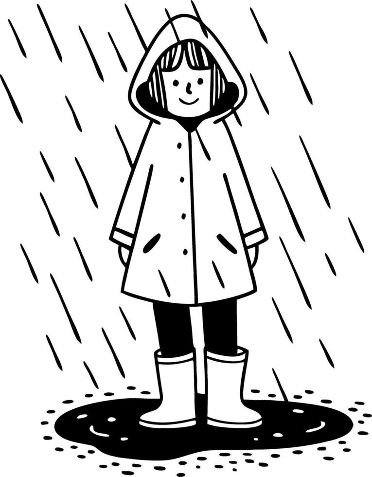 Cheerful Girl in Raincoat with Boots Standing in Puddle Under Rainy Weather Illustration vector