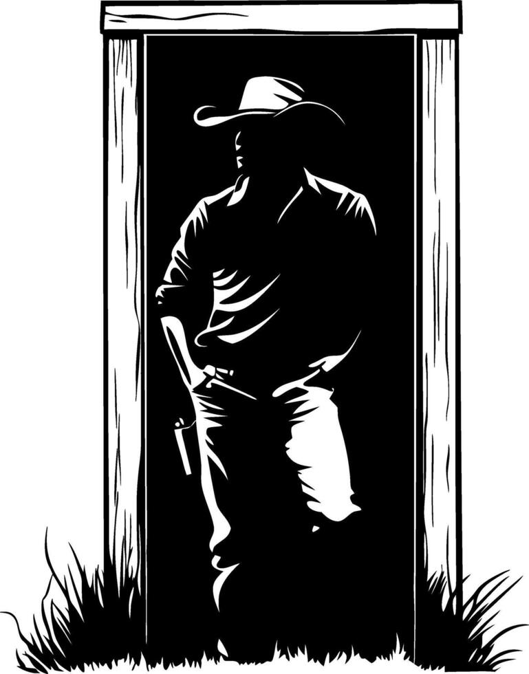Cowboy Silhouette Standing at Dark Doorway with Grass Background for Rustic Art Projects vector