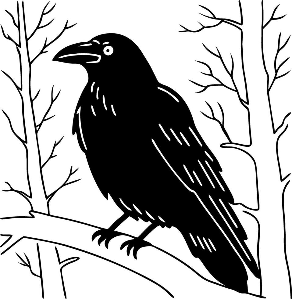Black Raven Perched on Branch with Bare Trees Perfect for Tattoo Designs and Illustrations vector
