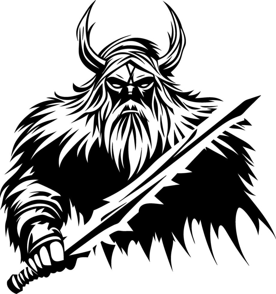 Viking Warrior with Sword and Horned Helmet Illustration for Tattoos and Apparel Design vector