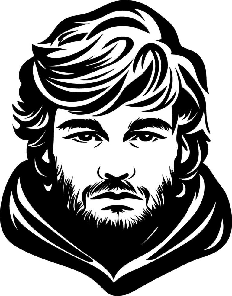 Stylized Portrait of a Young Man with Long Hair and Beard in Hooded Cloak Design vector
