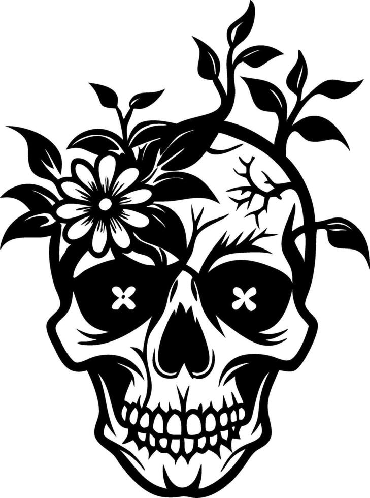 Floral Skull Design with Leaves and Flowers for Tattoo Art and Graphic Illustrations vector