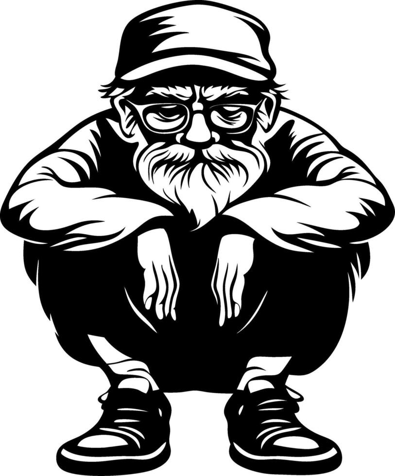 Squatting Elderly Man with Beard and Glasses Illustration for Tattoo or Apparel Design vector