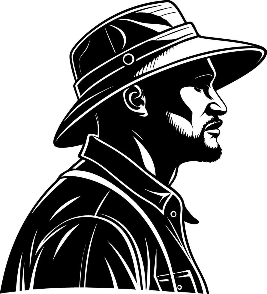 Exploration Adventurer in Profile with Wide Brimmed Hat and Shirt Design for Tattoo or Apparel vector
