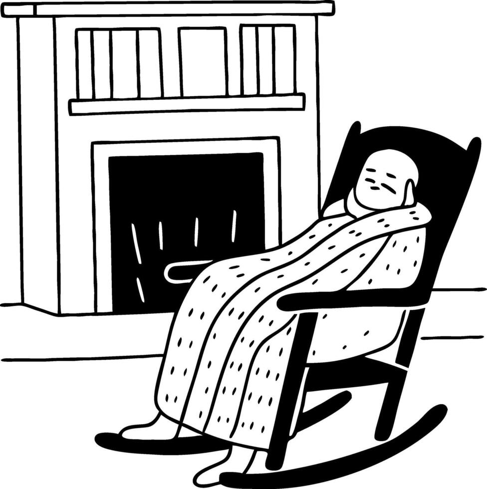 Cozy Person Relaxing in Rocking Chair by Fireplace Comforting Warmth and Peaceful Atmosphere vector