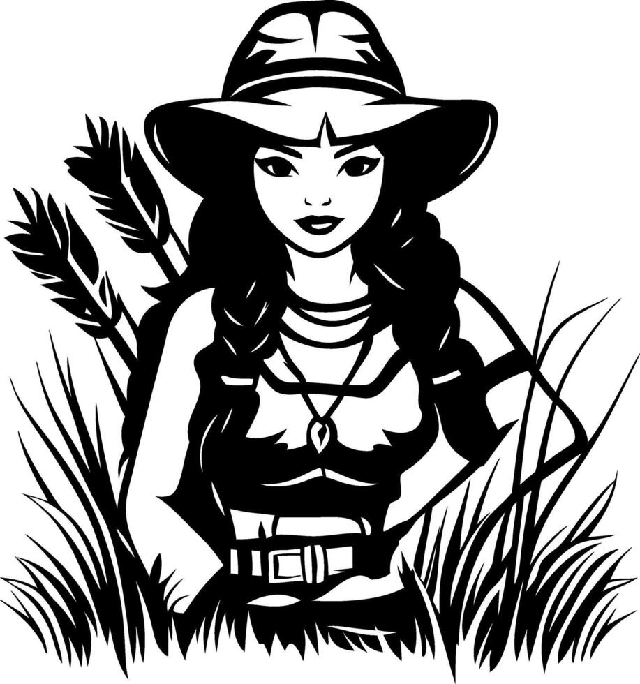 Adventurous Woman in Hat Surrounded by High Grass and Arrows Ideal for Tattoo Designs or Art Projects vector