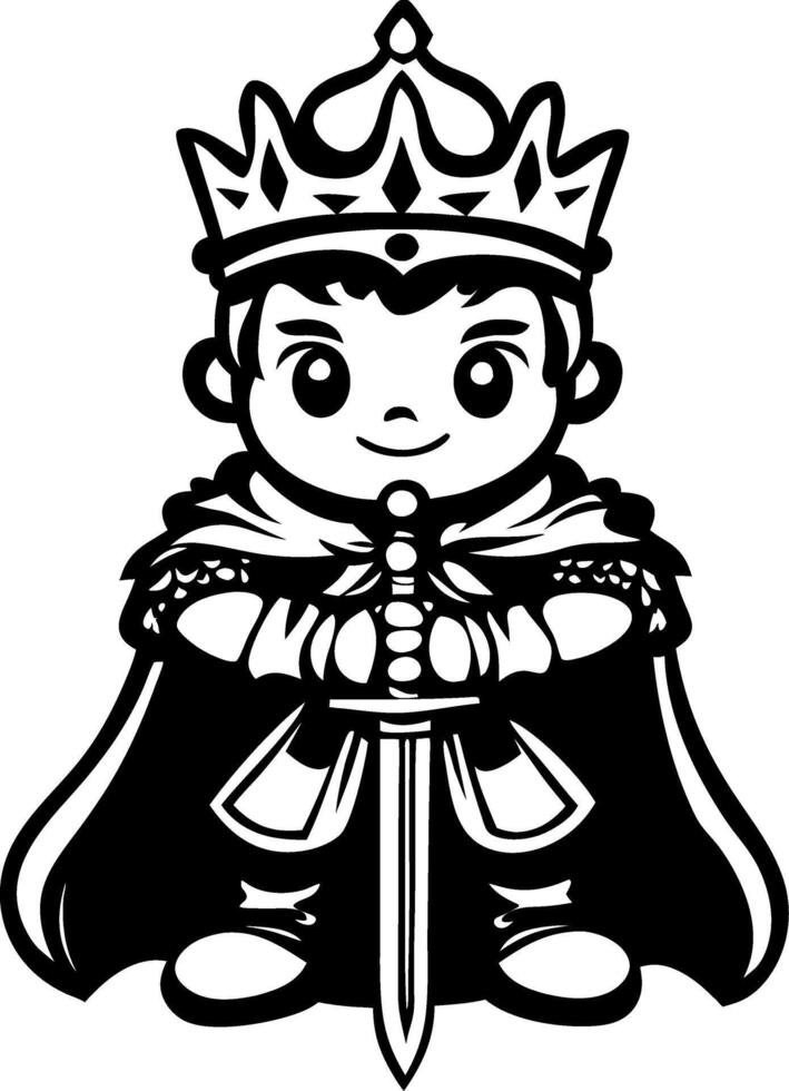 Cute Cartoon Royalty Character Holding Sword in Regal Attire for Coloring and Tattoo Design vector