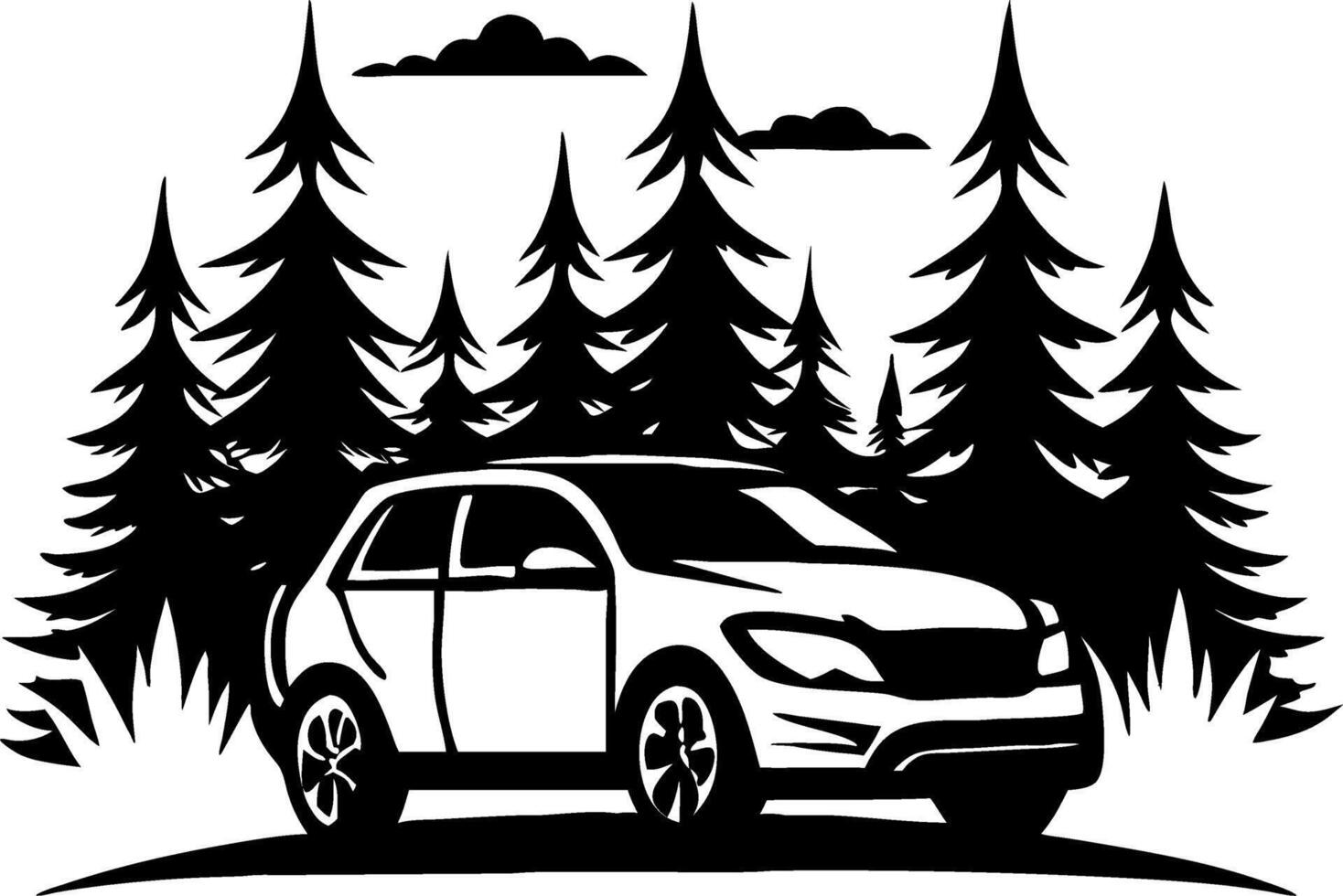 Stylish SUV Surrounded by Lush Pine Trees in Nature Landscape Design for Outdoor Enthusiasts vector