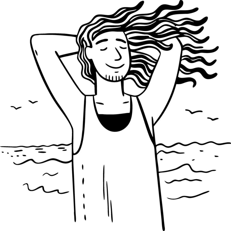 Relaxed Person Enjoying the Ocean Breeze with Flowing Hair at the Beach vector