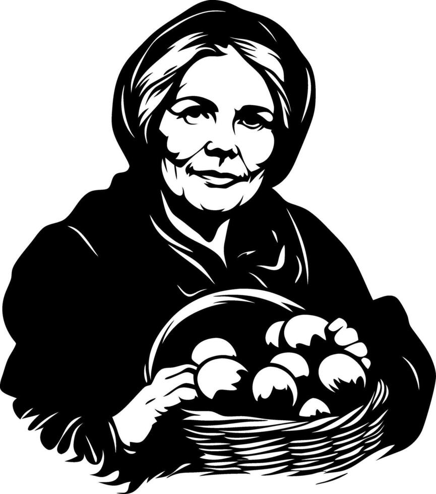 Elderly Woman Holding Fruit Basket Vintage Style Illustration Perfect for Home Decor and Crafts vector