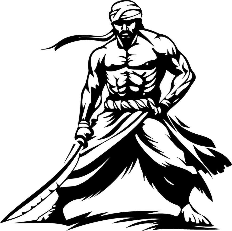 Fierce Warrior Holding Sword in Dynamic Pose Illustration for Tattoos and Merchandise vector