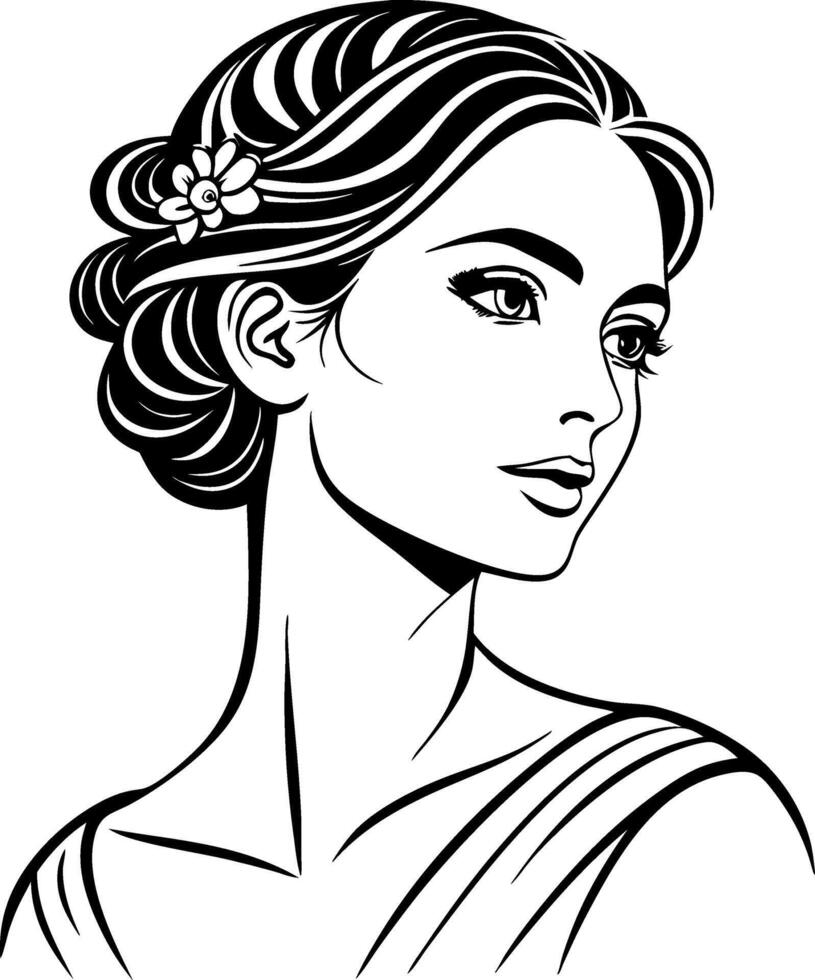 Elegant Profile of a Woman with Intricate Hair and Floral Accent for Design and Decoration vector