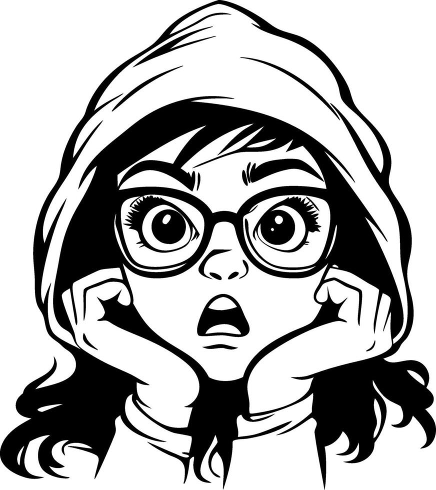 Surprised Girl with Glasses and Hoodie Expressing Curiosity and Wonder vector