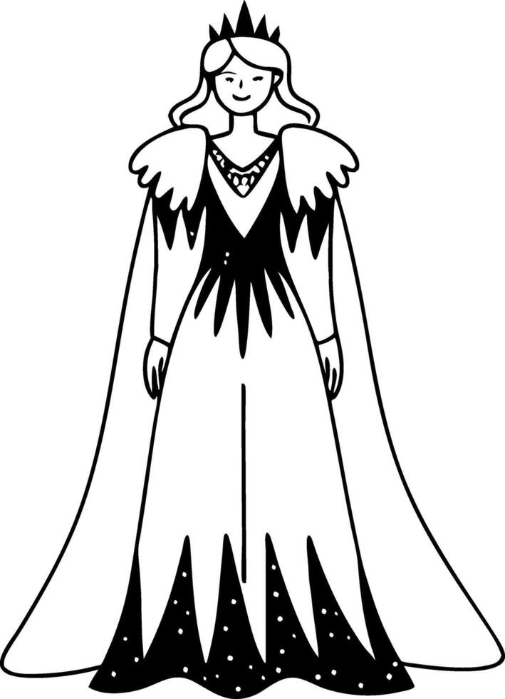 Elegant Queen in Majestic Gown with Crown and Flowing Cape Suitable for Coloring and Design vector
