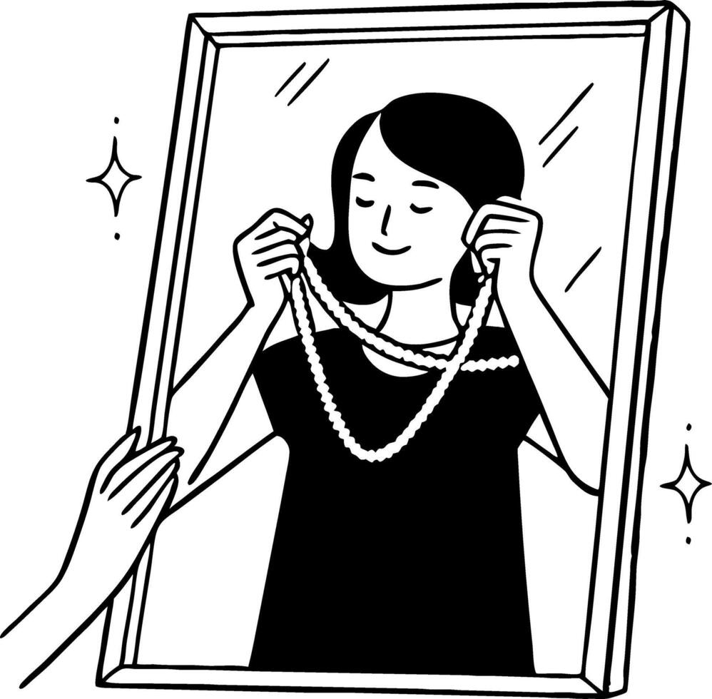 Girl Holding Pearl Necklace in Mirror Reflection with Sparkling Elements vector