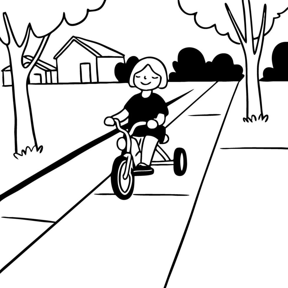 Child Riding Tricycle on Suburban Street Surrounded by Trees and Houses vector