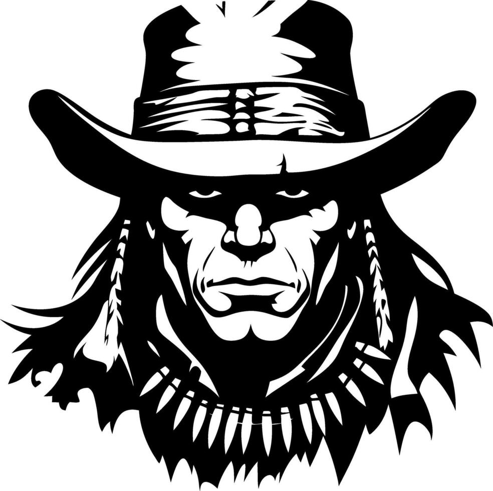 Intricate Black Silhouette of a Cowboy Warrior in a Hat with Long Hair vector